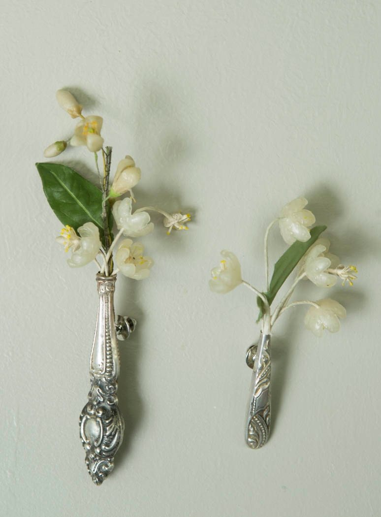 Broaches made from old sterling silver handles and wax flowers
